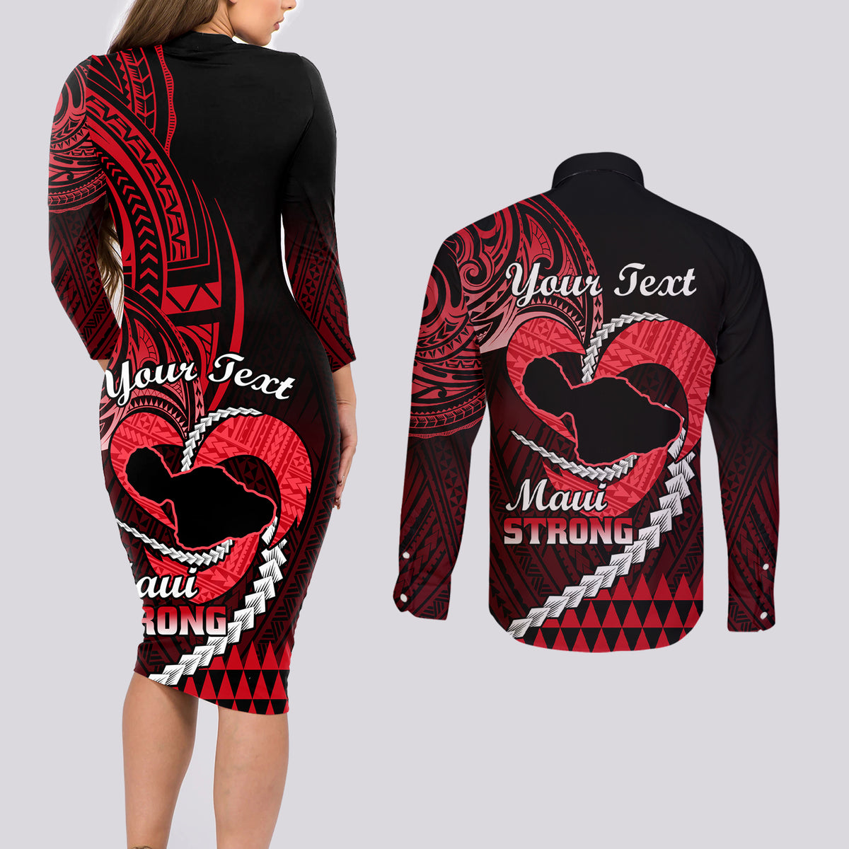 Personalised Hawaii Couples Matching Long Sleeve Bodycon Dress and Long Sleeve Button Shirts Maui Be Strong Kakau Red Version - Wonder Print Shop