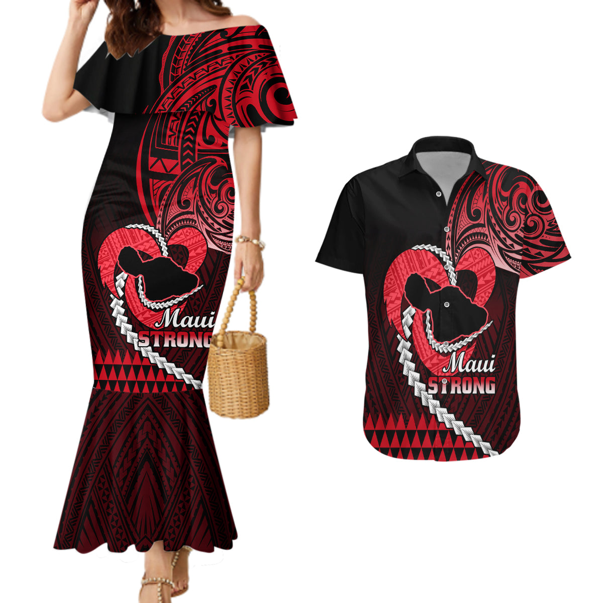 Personalised Hawaii Couples Matching Mermaid Dress and Hawaiian Shirt Maui Be Strong Kakau Red Version - Wonder Print Shop