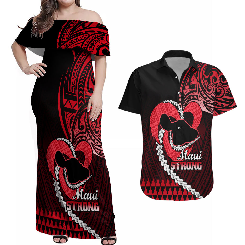 Personalised Hawaii Couples Matching Off Shoulder Maxi Dress and Hawaiian Shirt Maui Be Strong Kakau Red Version - Wonder Print Shop