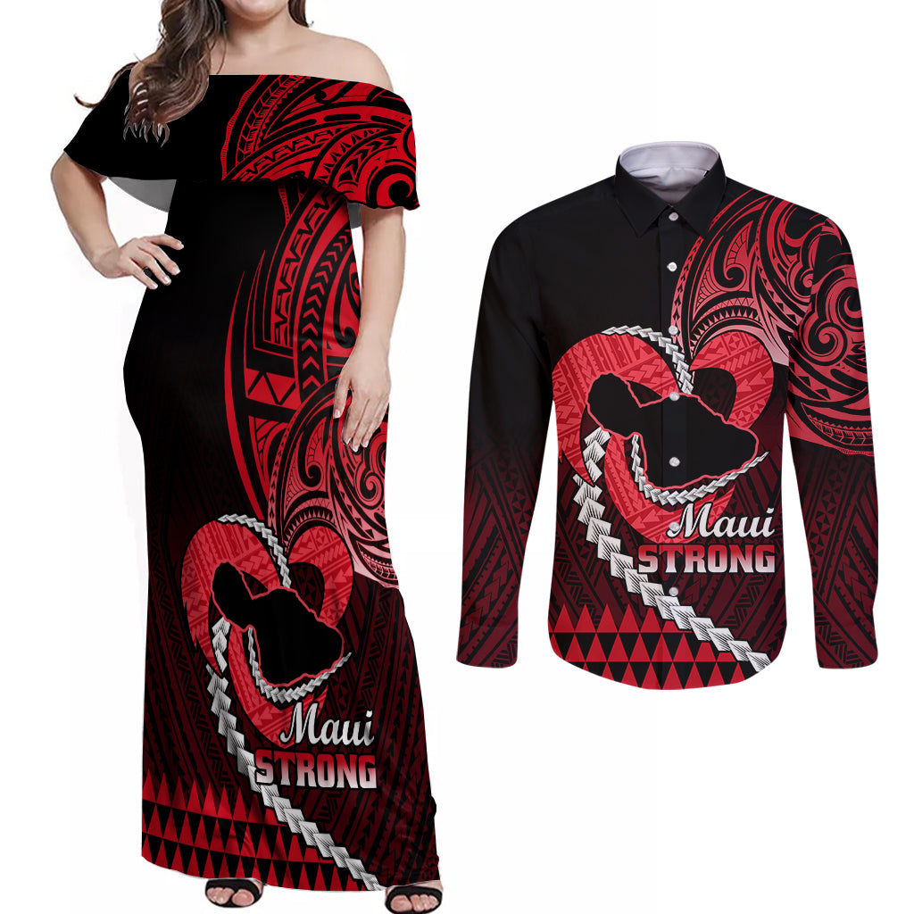 Personalised Hawaii Couples Matching Off Shoulder Maxi Dress and Long Sleeve Button Shirts Maui Be Strong Kakau Red Version - Wonder Print Shop