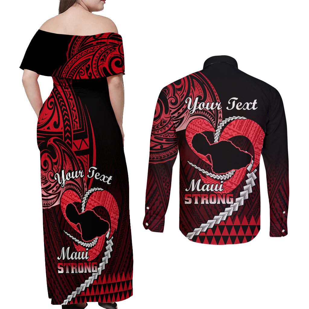 Personalised Hawaii Couples Matching Off Shoulder Maxi Dress and Long Sleeve Button Shirts Maui Be Strong Kakau Red Version - Wonder Print Shop