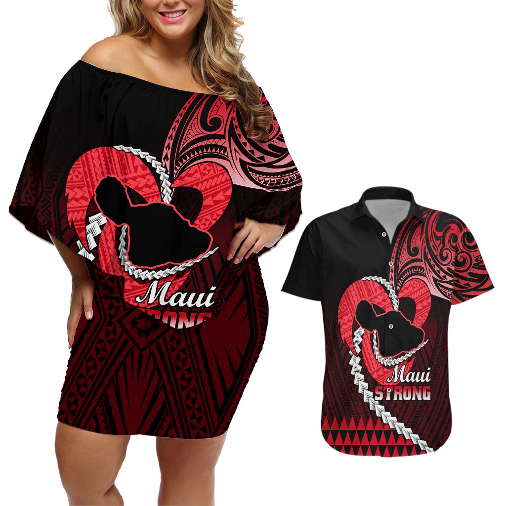 Personalised Hawaii Couples Matching Off Shoulder Short Dress and Hawaiian Shirt Maui Be Strong Kakau Red Version - Wonder Print Shop