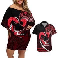 Personalised Hawaii Couples Matching Off Shoulder Short Dress and Hawaiian Shirt Maui Be Strong Kakau Red Version - Wonder Print Shop