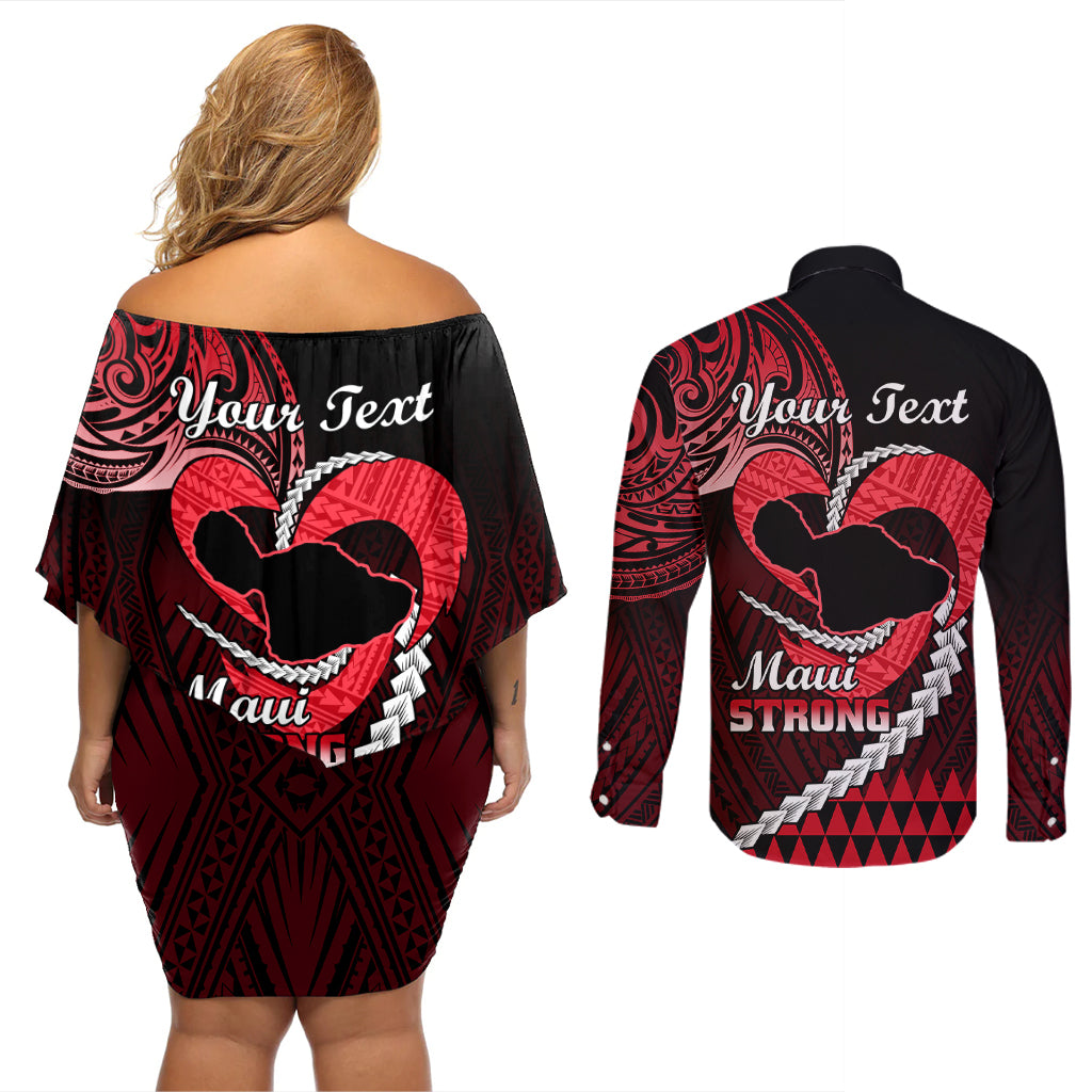 Personalised Hawaii Couples Matching Off Shoulder Short Dress and Long Sleeve Button Shirts Maui Be Strong Kakau Red Version - Wonder Print Shop