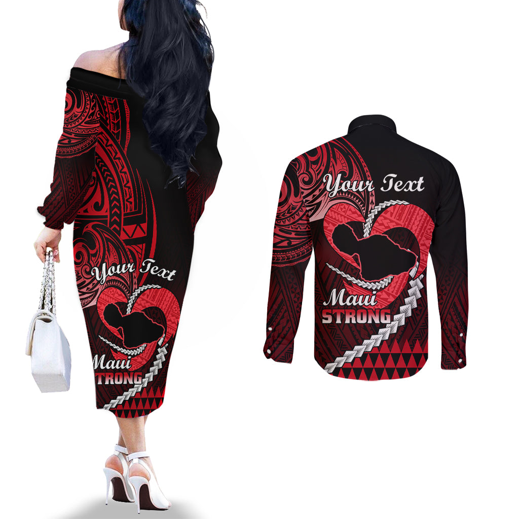 personalised-hawaii-couples-matching-off-the-shoulder-long-sleeve-dress-and-long-sleeve-button-shirts-maui-be-strong-kakau-red-version