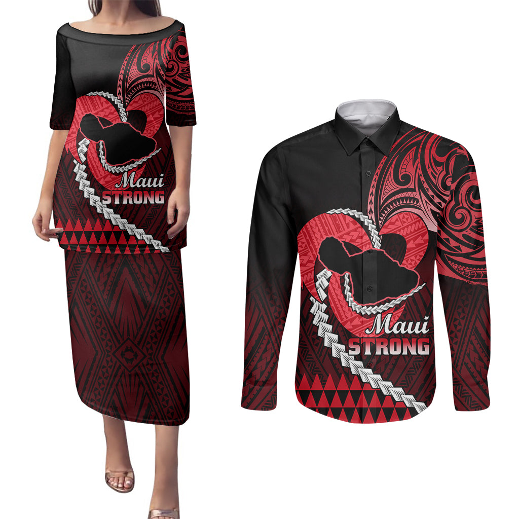 Personalised Hawaii Couples Matching Puletasi Dress and Long Sleeve Button Shirts Maui Be Strong Kakau Red Version - Wonder Print Shop