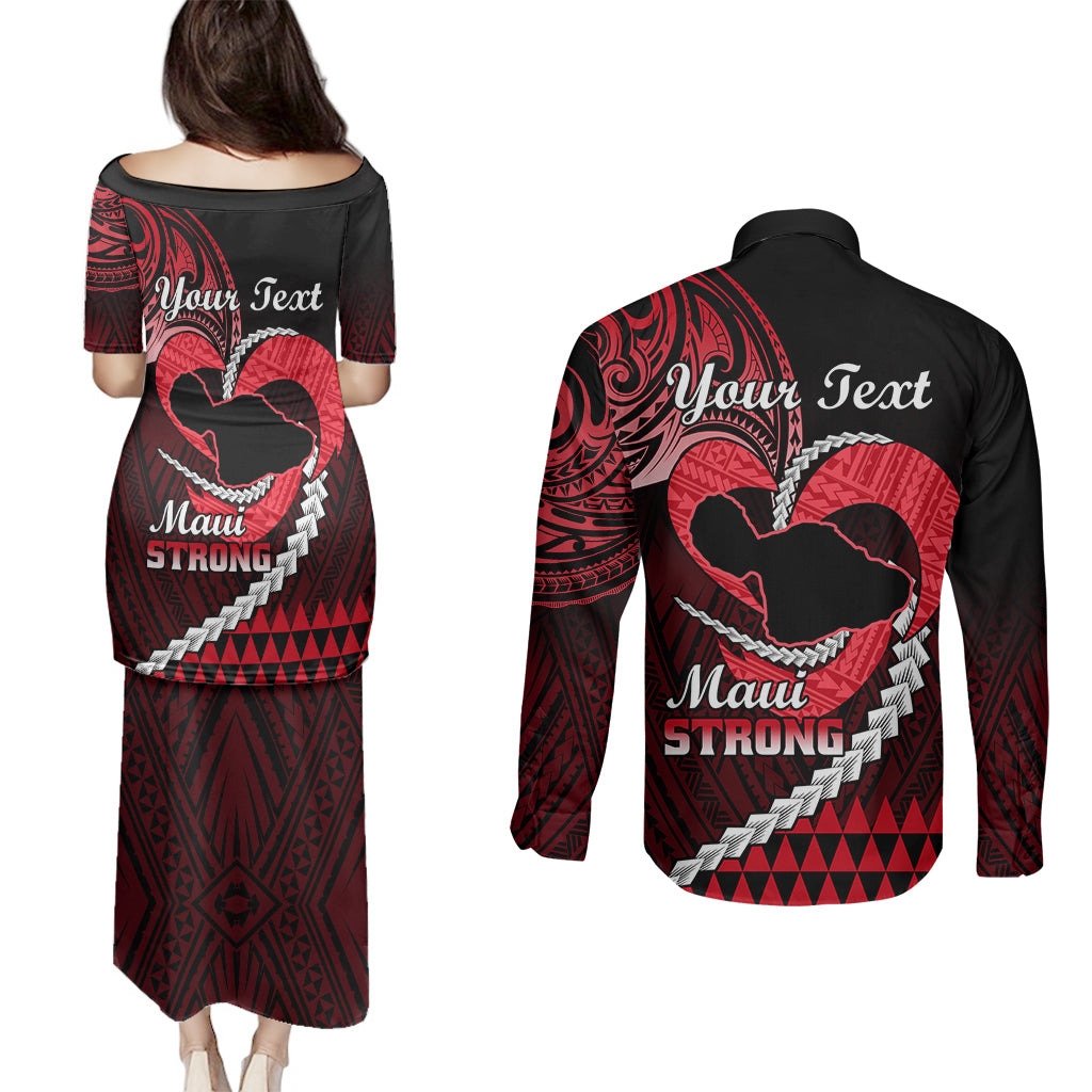 Personalised Hawaii Couples Matching Puletasi Dress and Long Sleeve Button Shirts Maui Be Strong Kakau Red Version - Wonder Print Shop