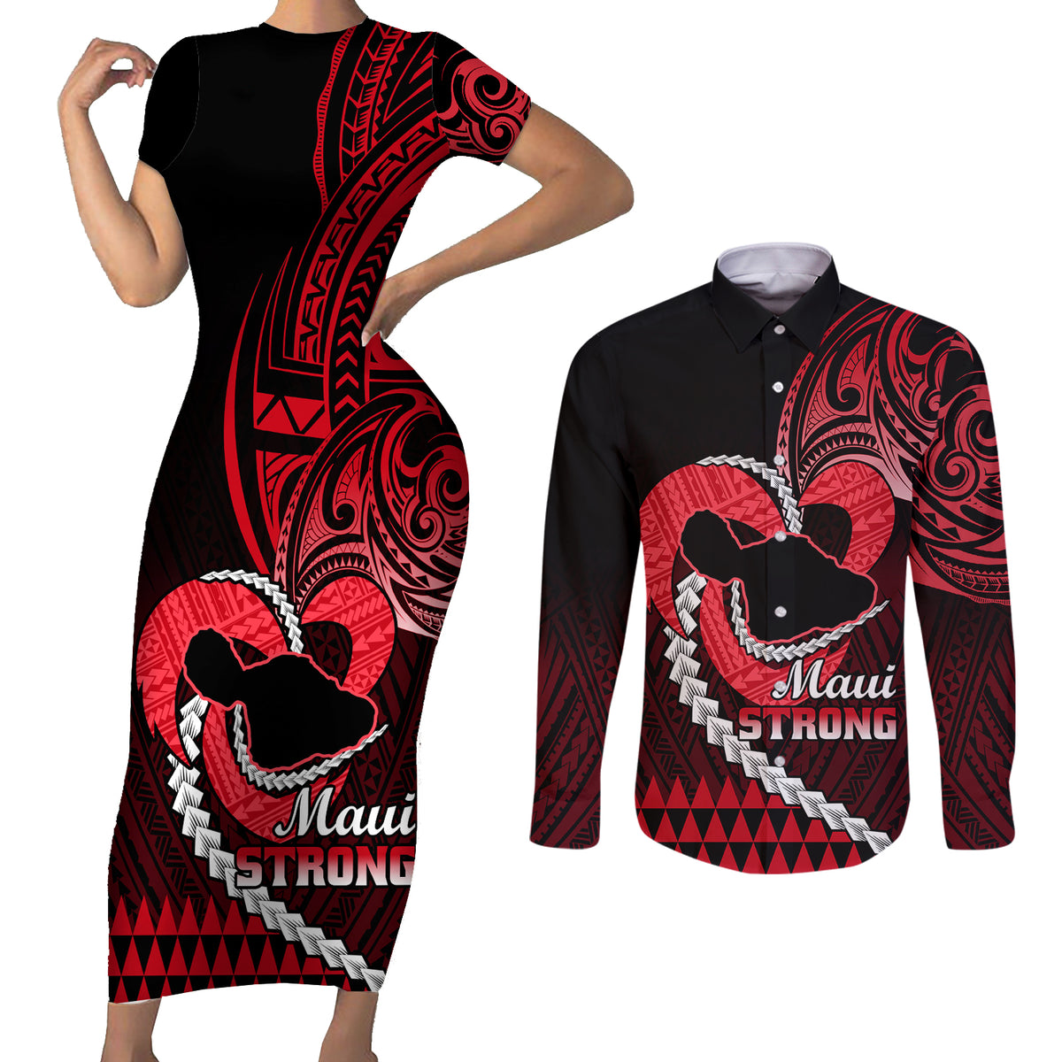 Personalised Hawaii Couples Matching Short Sleeve Bodycon Dress and Long Sleeve Button Shirts Maui Be Strong Kakau Red Version - Wonder Print Shop