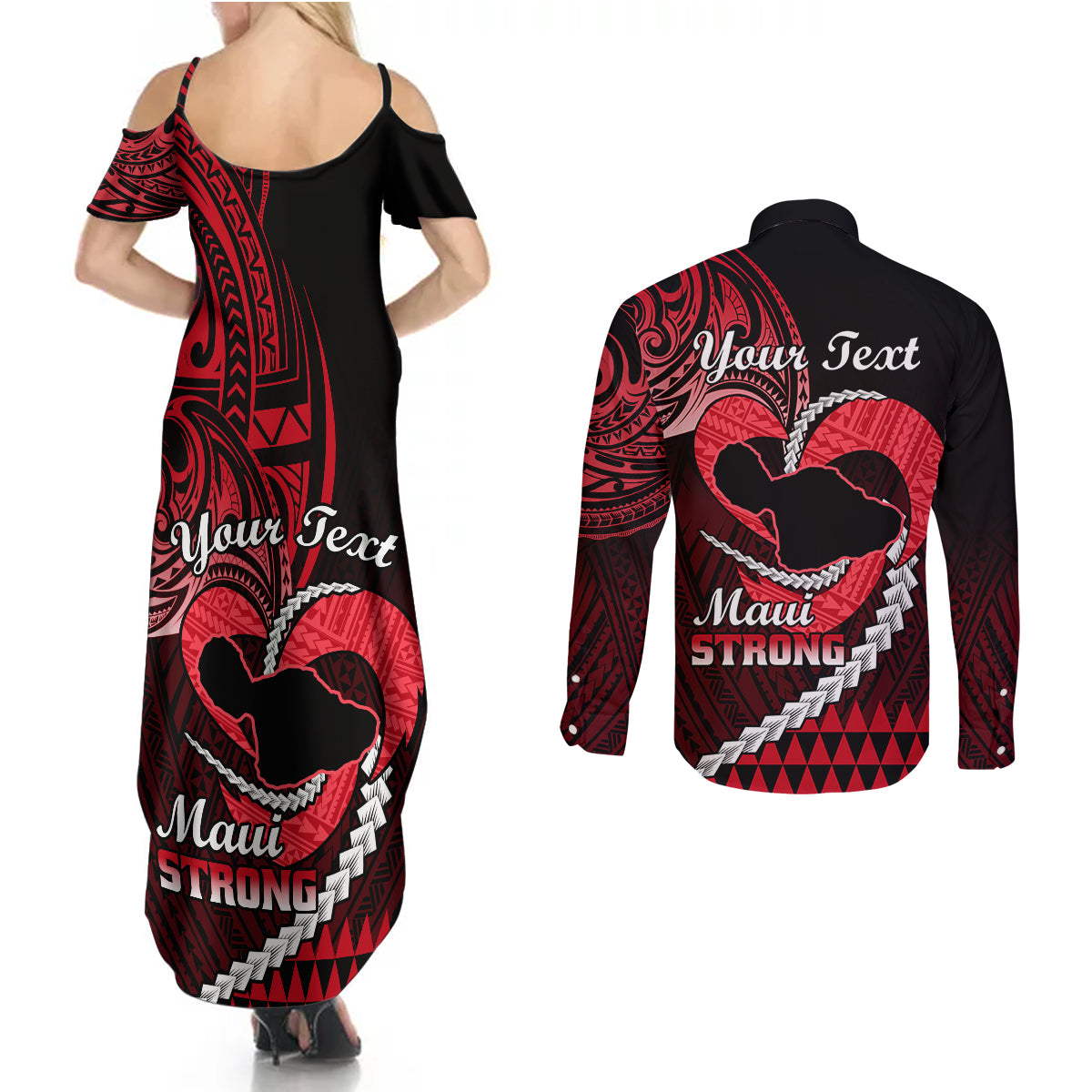 Personalised Hawaii Couples Matching Summer Maxi Dress and Long Sleeve Button Shirts Maui Be Strong Kakau Red Version - Wonder Print Shop