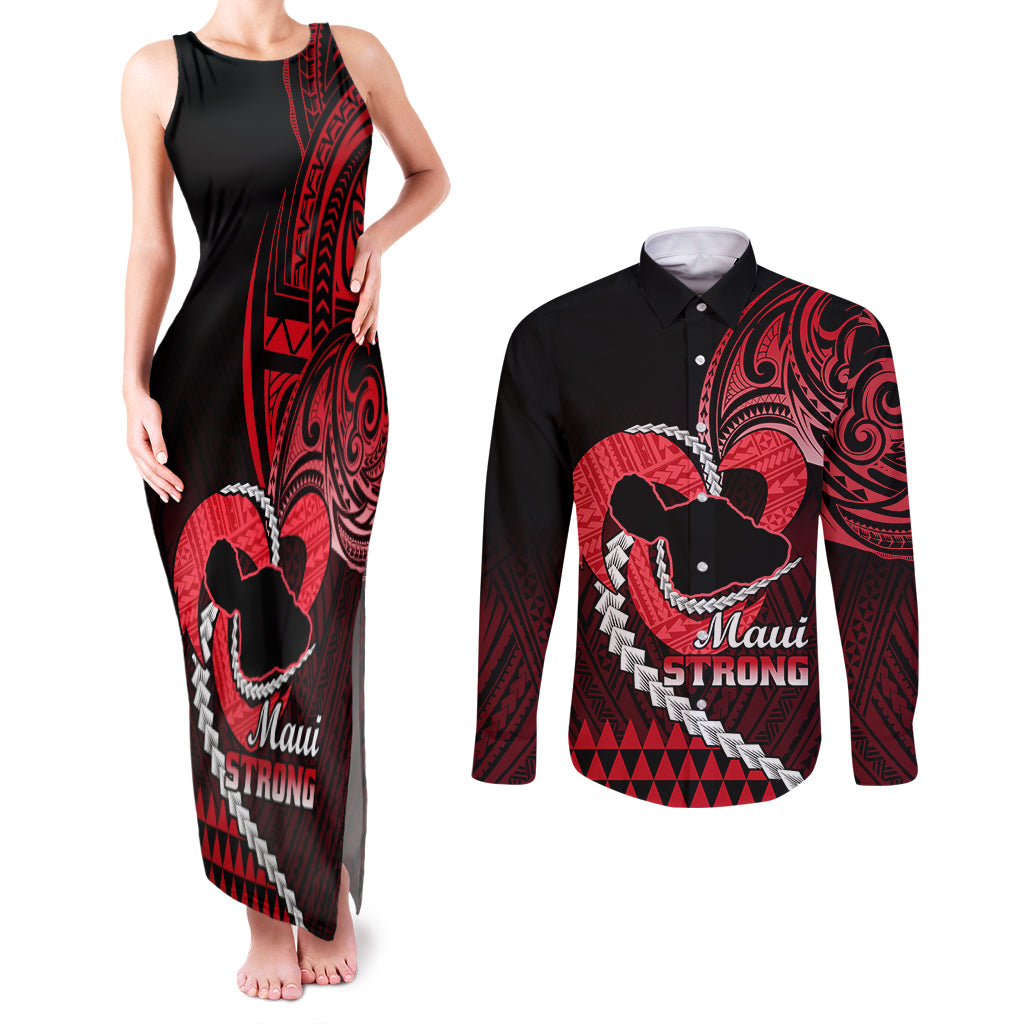 Personalised Hawaii Couples Matching Tank Maxi Dress and Long Sleeve Button Shirts Maui Be Strong Kakau Red Version - Wonder Print Shop