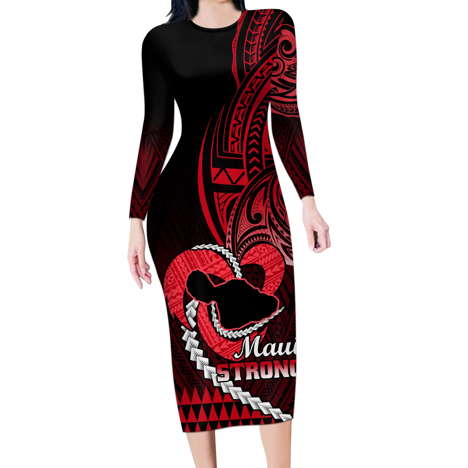 Personalised Hawaii Long Sleeve Bodycon Dress Maui Be Strong Kakau Red Version - Wonder Print Shop