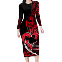 Personalised Hawaii Long Sleeve Bodycon Dress Maui Be Strong Kakau Red Version - Wonder Print Shop