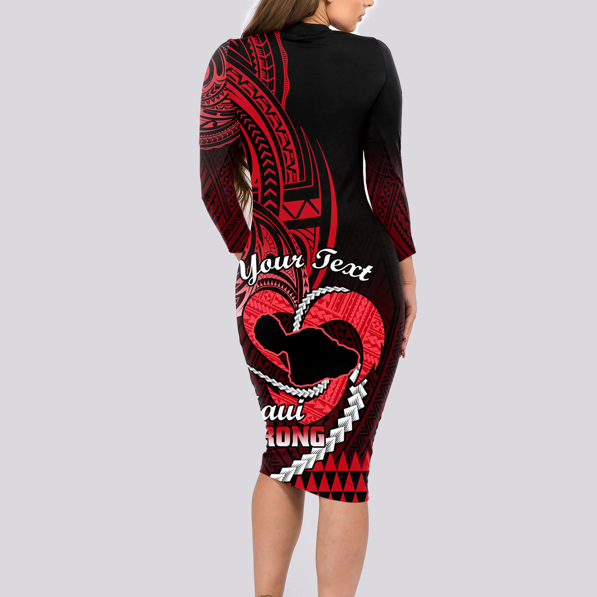 Personalised Hawaii Long Sleeve Bodycon Dress Maui Be Strong Kakau Red Version - Wonder Print Shop