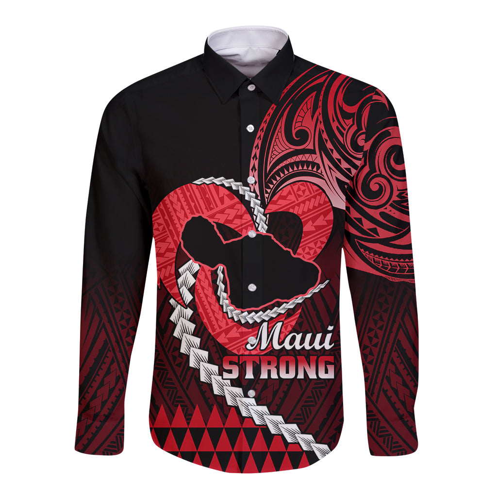 Personalised Hawaii Long Sleeve Button Shirt Maui Be Strong Kakau Red Version - Wonder Print Shop