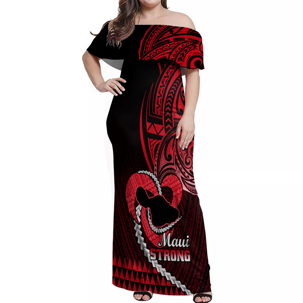 Personalised Hawaii Off Shoulder Maxi Dress Maui Be Strong Kakau Red Version - Wonder Print Shop