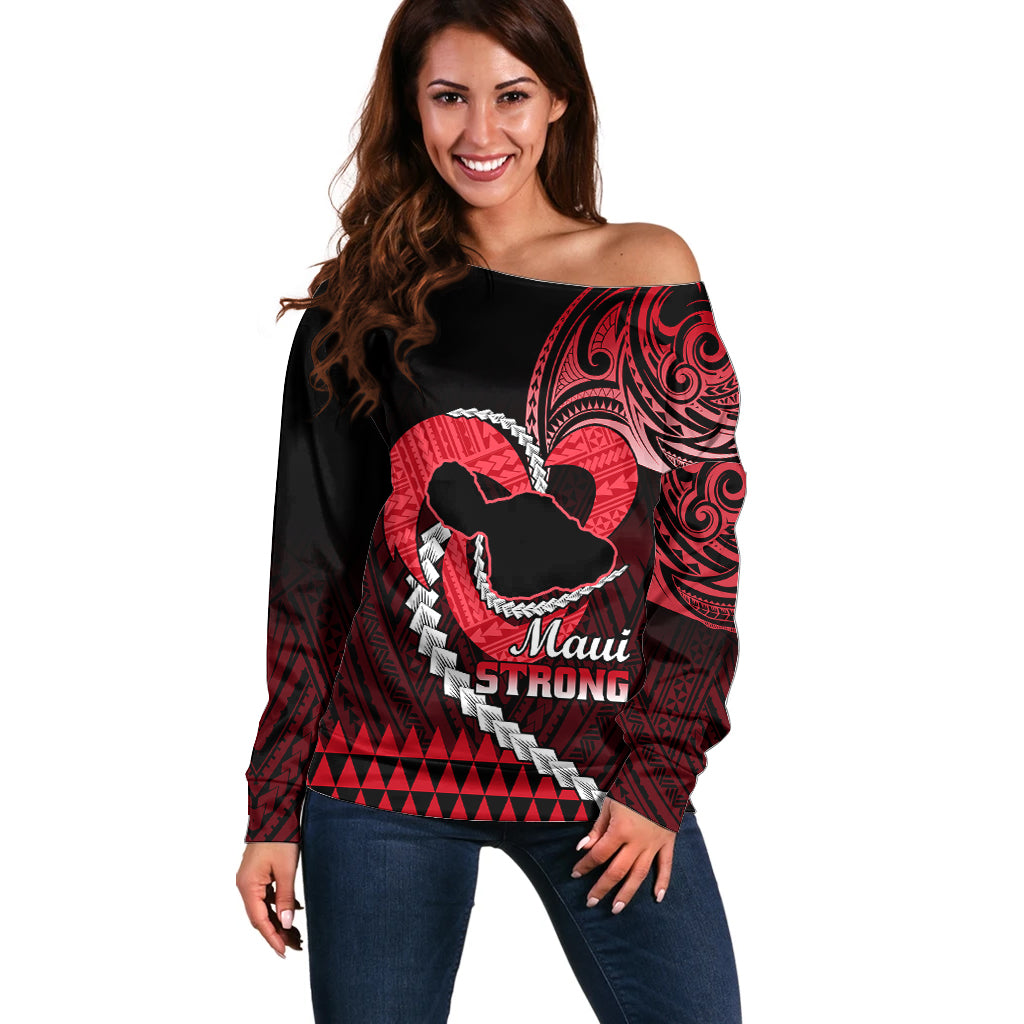 Personalised Hawaii Off Shoulder Sweater Maui Be Strong Kakau Red Version - Wonder Print Shop