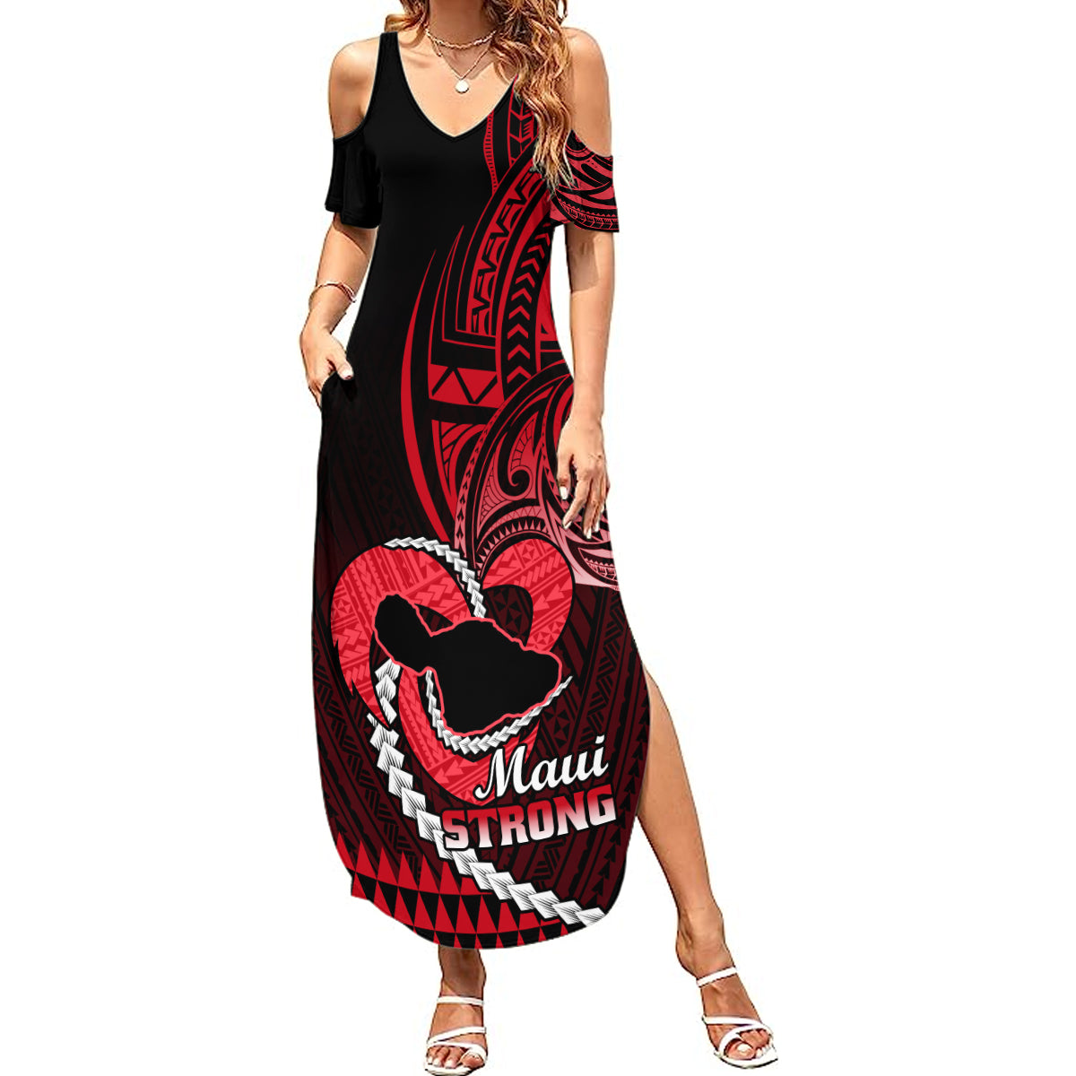 Personalised Hawaii Summer Maxi Dress Maui Be Strong Kakau Red Version - Wonder Print Shop