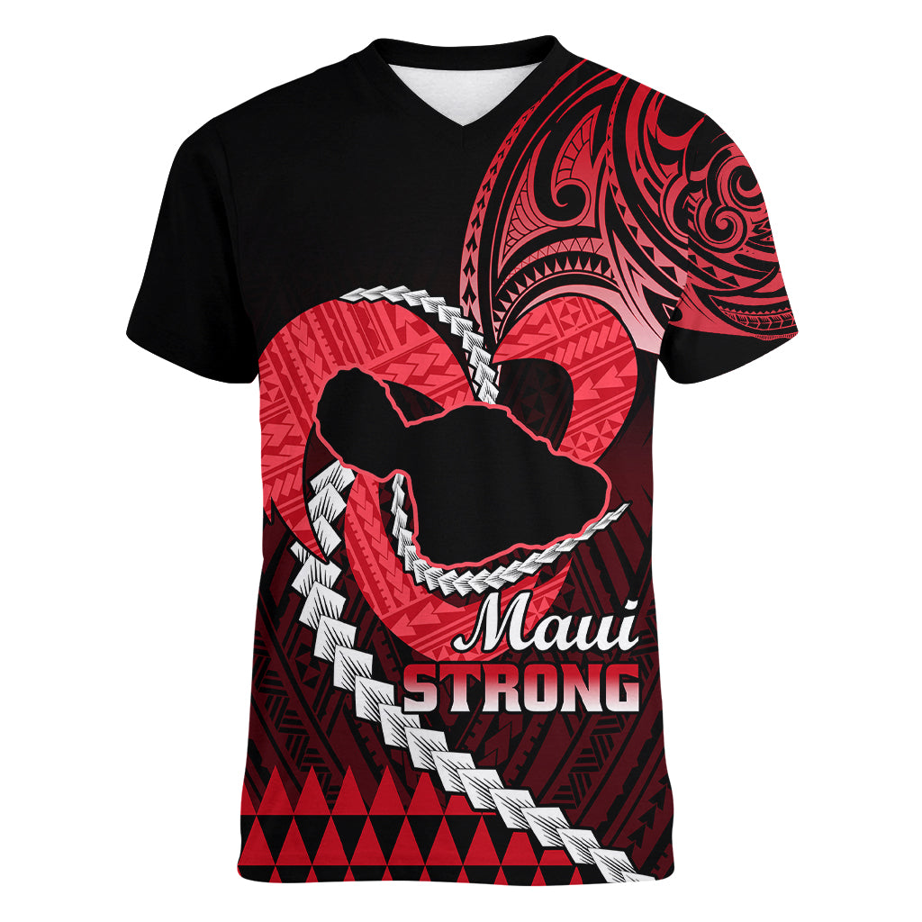 Personalised Hawaii Women V Neck T Shirt Maui Be Strong Kakau Red Version - Wonder Print Shop