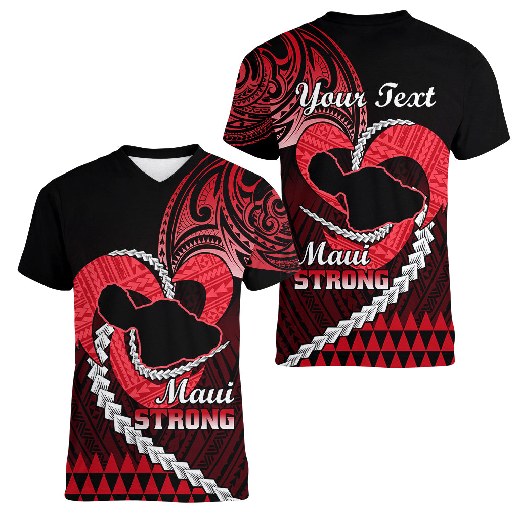 Personalised Hawaii Women V Neck T Shirt Maui Be Strong Kakau Red Version - Wonder Print Shop