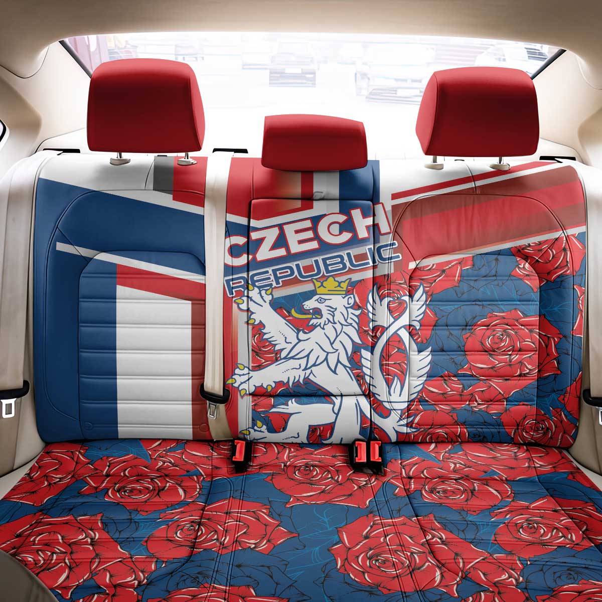 Czech Republic Back Car Seat Cover Czechia Lion Rosa Pattern - Wonder Print Shop