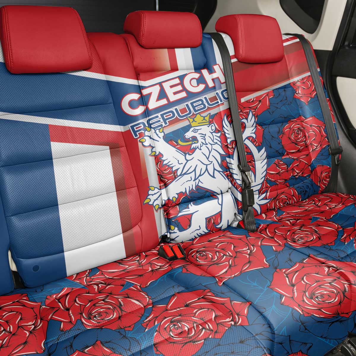 Czech Republic Back Car Seat Cover Czechia Lion Rosa Pattern - Wonder Print Shop