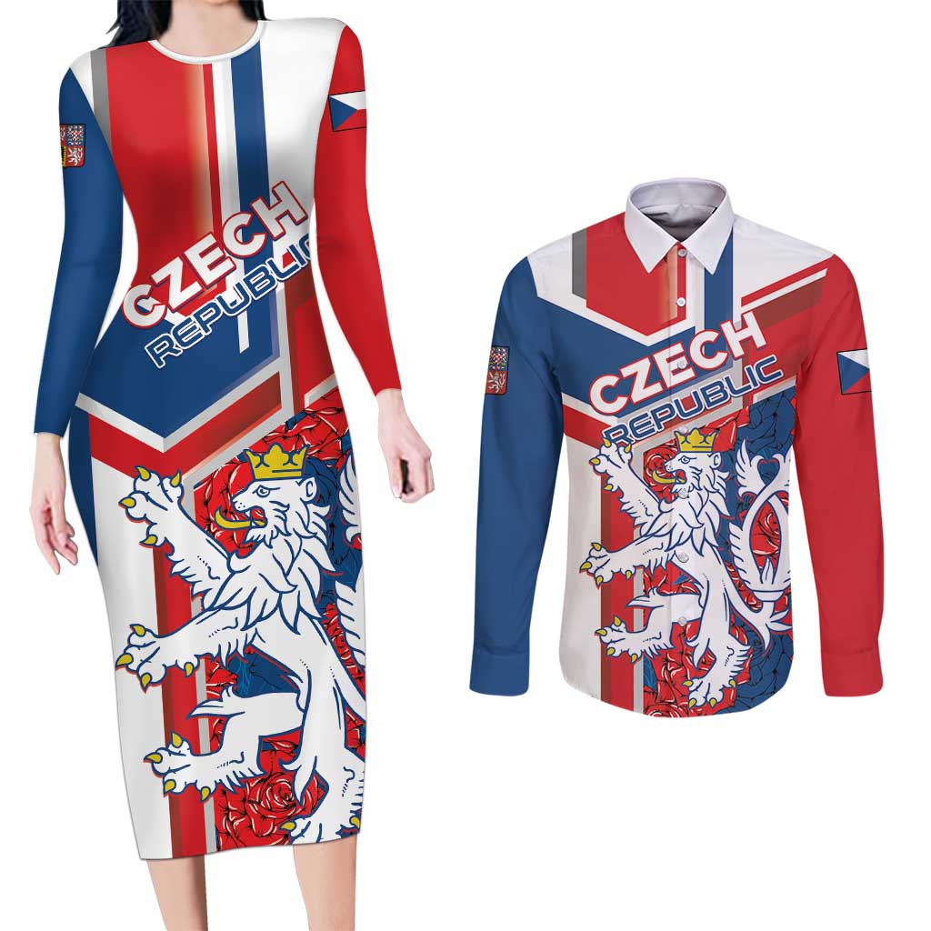 Personalised Czech Republic Couples Matching Long Sleeve Bodycon Dress and Long Sleeve Button Shirt Czechia Lion Rosa Pattern - Wonder Print Shop