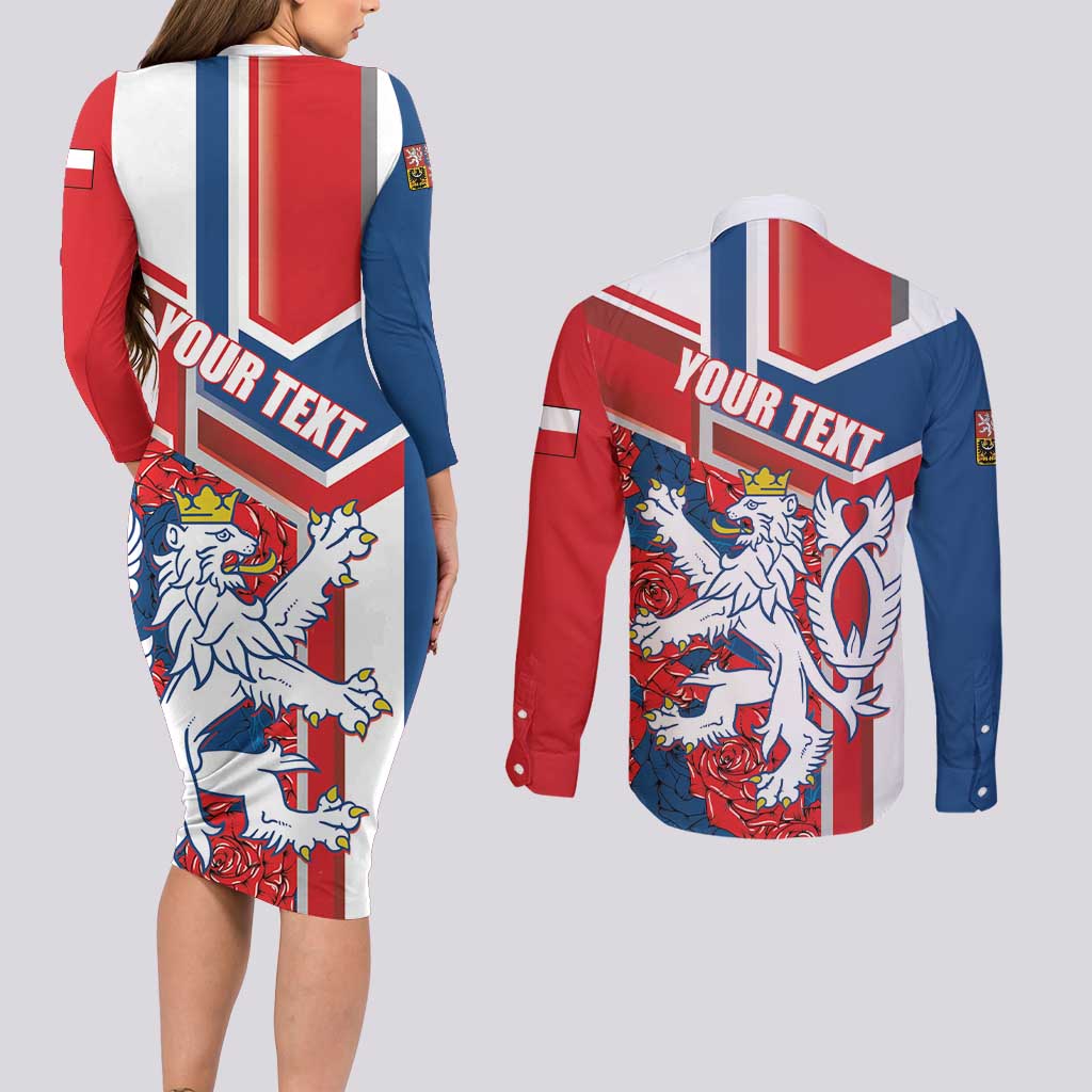 Personalised Czech Republic Couples Matching Long Sleeve Bodycon Dress and Long Sleeve Button Shirt Czechia Lion Rosa Pattern - Wonder Print Shop
