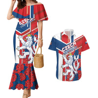Personalised Czech Republic Couples Matching Mermaid Dress and Hawaiian Shirt Czechia Lion Rosa Pattern - Wonder Print Shop