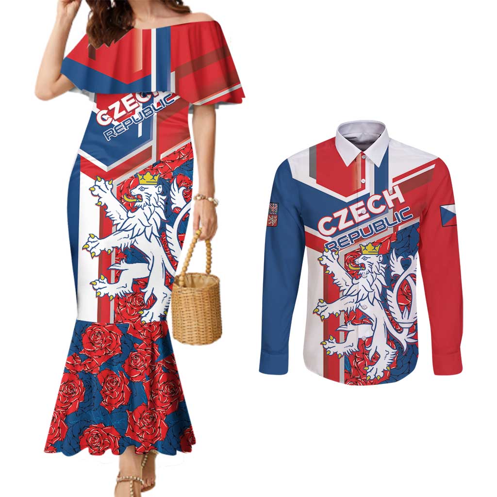 Personalised Czech Republic Couples Matching Mermaid Dress and Long Sleeve Button Shirt Czechia Lion Rosa Pattern