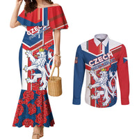 Personalised Czech Republic Couples Matching Mermaid Dress and Long Sleeve Button Shirt Czechia Lion Rosa Pattern