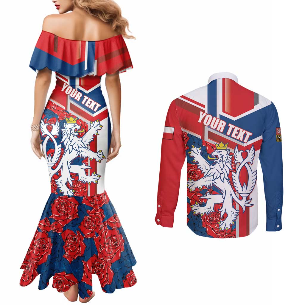 Personalised Czech Republic Couples Matching Mermaid Dress and Long Sleeve Button Shirt Czechia Lion Rosa Pattern