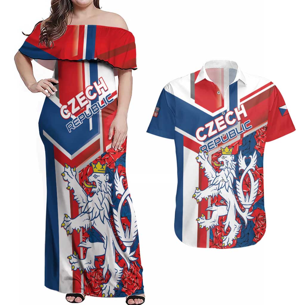 Personalised Czech Republic Couples Matching Off Shoulder Maxi Dress and Hawaiian Shirt Czechia Lion Rosa Pattern - Wonder Print Shop
