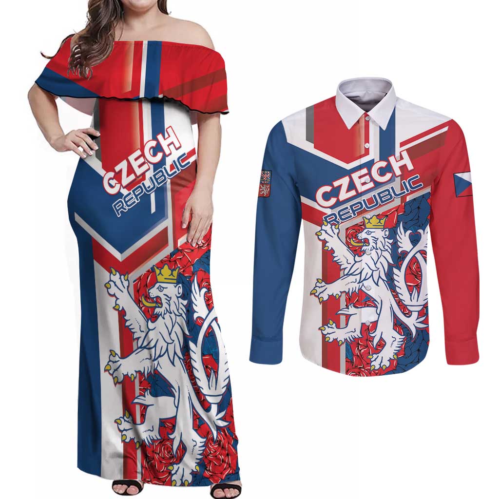 Personalised Czech Republic Couples Matching Off Shoulder Maxi Dress and Long Sleeve Button Shirt Czechia Lion Rosa Pattern - Wonder Print Shop