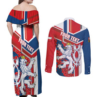 Personalised Czech Republic Couples Matching Off Shoulder Maxi Dress and Long Sleeve Button Shirt Czechia Lion Rosa Pattern - Wonder Print Shop