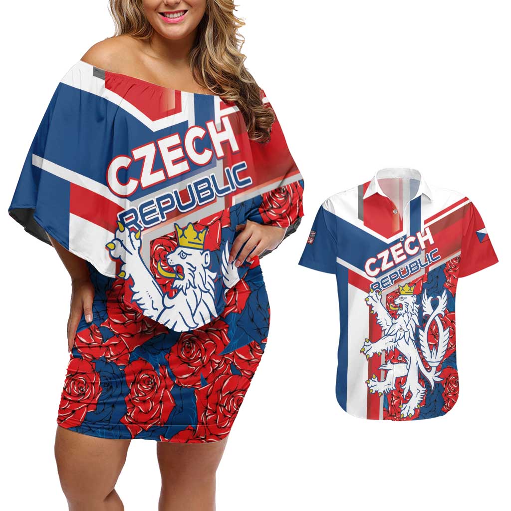 Personalised Czech Republic Couples Matching Off Shoulder Short Dress and Hawaiian Shirt Czechia Lion Rosa Pattern - Wonder Print Shop