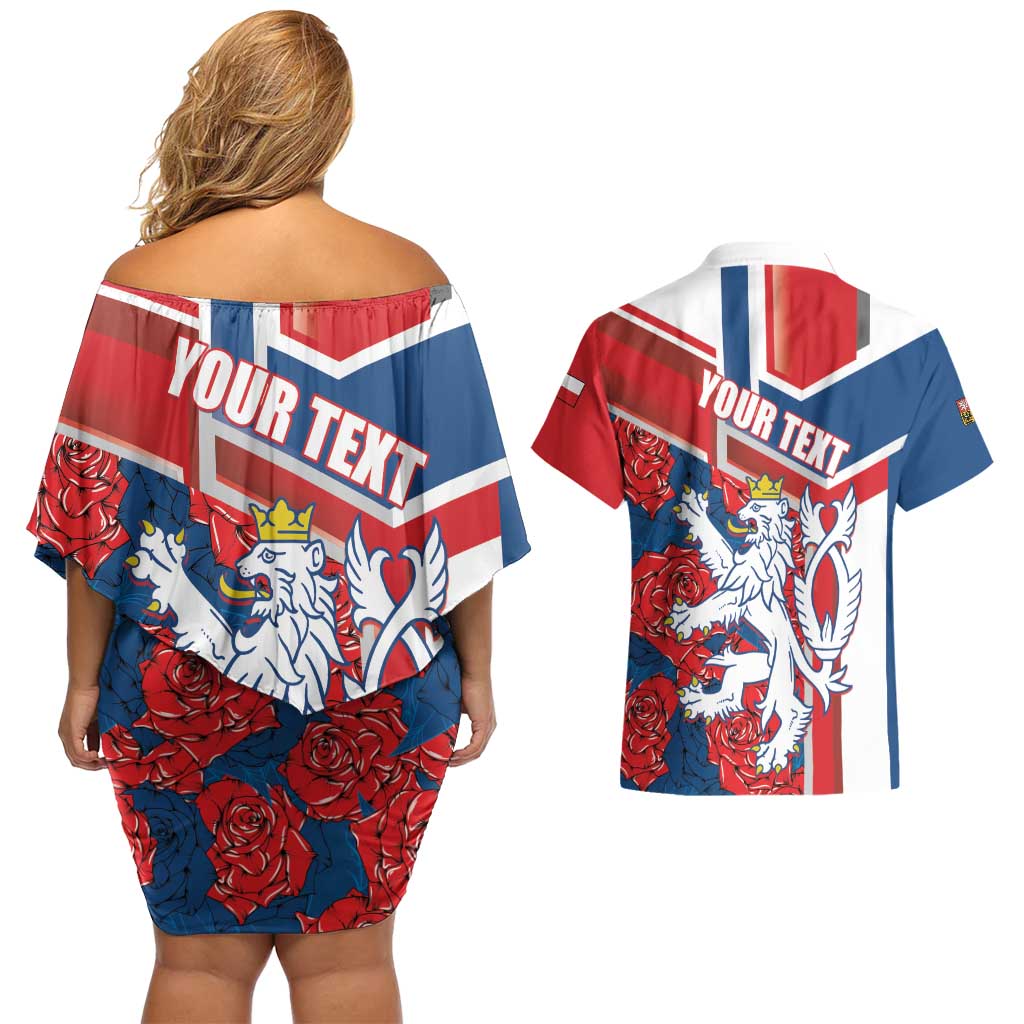 Personalised Czech Republic Couples Matching Off Shoulder Short Dress and Hawaiian Shirt Czechia Lion Rosa Pattern - Wonder Print Shop