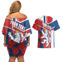 Personalised Czech Republic Couples Matching Off Shoulder Short Dress and Hawaiian Shirt Czechia Lion Rosa Pattern - Wonder Print Shop