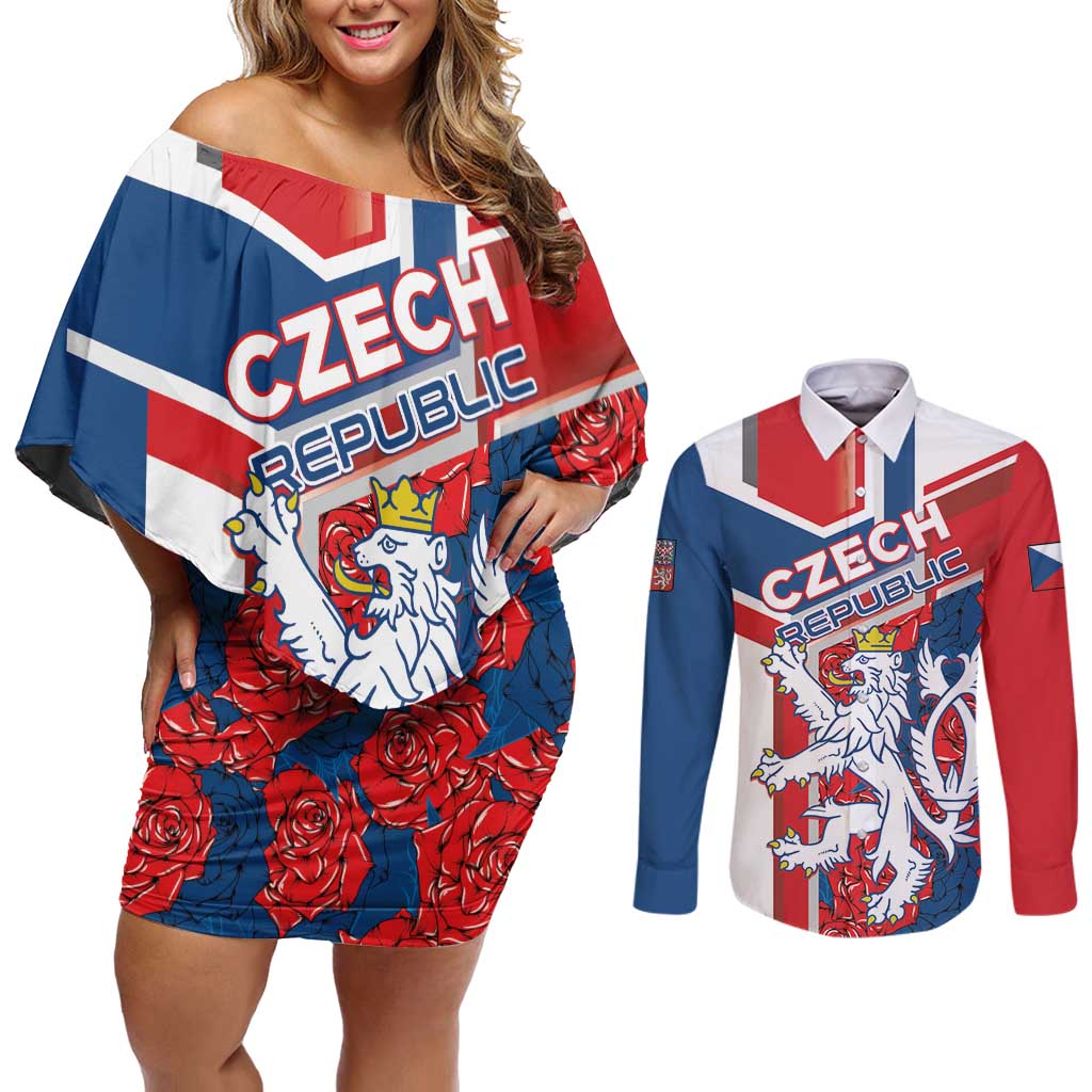Personalised Czech Republic Couples Matching Off Shoulder Short Dress and Long Sleeve Button Shirt Czechia Lion Rosa Pattern - Wonder Print Shop