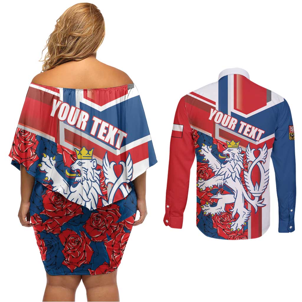 Personalised Czech Republic Couples Matching Off Shoulder Short Dress and Long Sleeve Button Shirt Czechia Lion Rosa Pattern - Wonder Print Shop