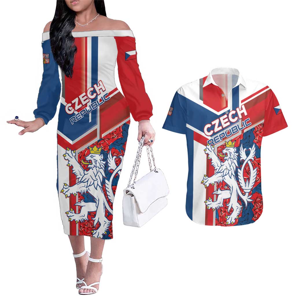 Personalised Czech Republic Couples Matching Off The Shoulder Long Sleeve Dress and Hawaiian Shirt Czechia Lion Rosa Pattern - Wonder Print Shop