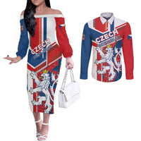 Personalised Czech Republic Couples Matching Off The Shoulder Long Sleeve Dress and Long Sleeve Button Shirt Czechia Lion Rosa Pattern