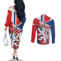 Personalised Czech Republic Couples Matching Off The Shoulder Long Sleeve Dress and Long Sleeve Button Shirt Czechia Lion Rosa Pattern