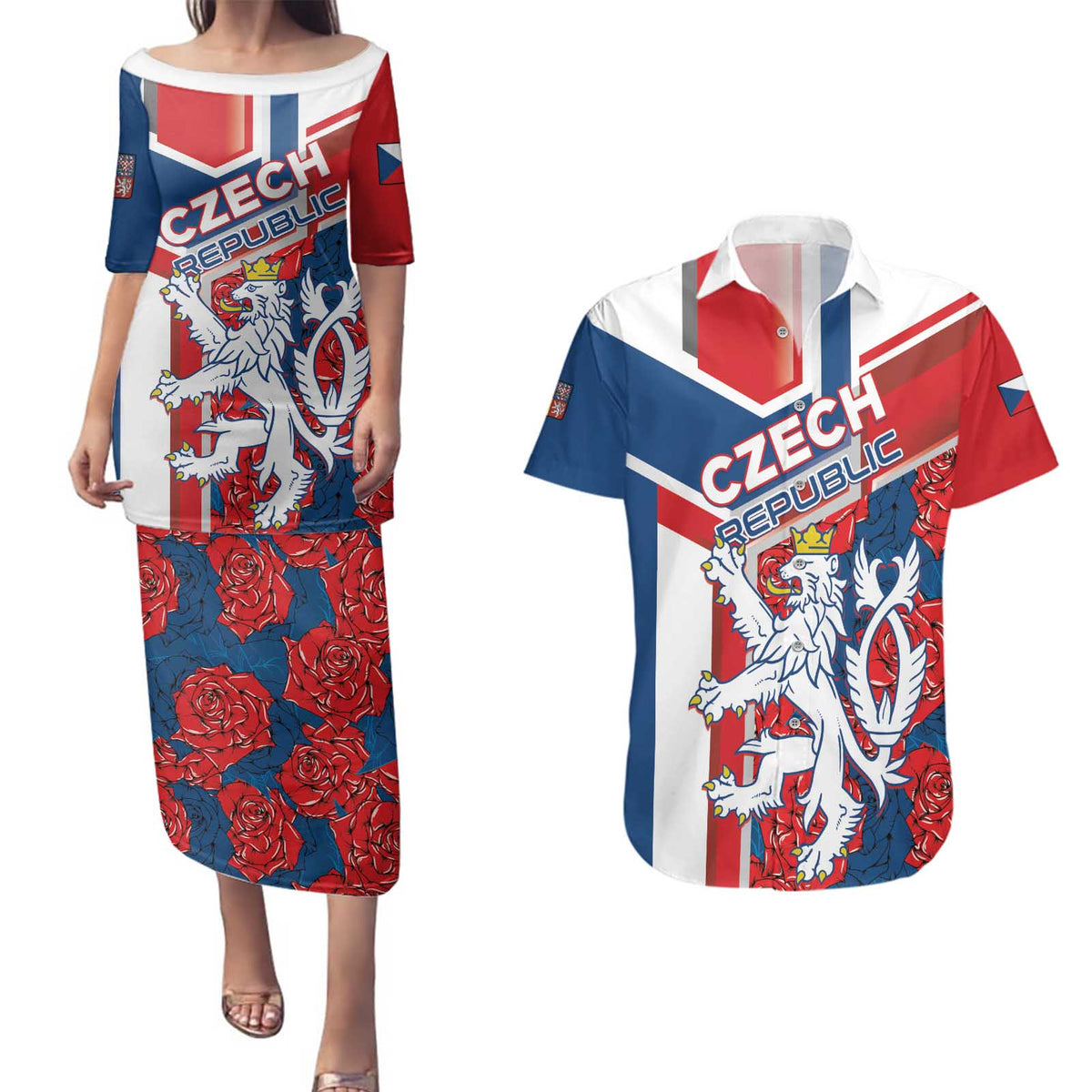 Personalised Czech Republic Couples Matching Puletasi and Hawaiian Shirt Czechia Lion Rosa Pattern - Wonder Print Shop