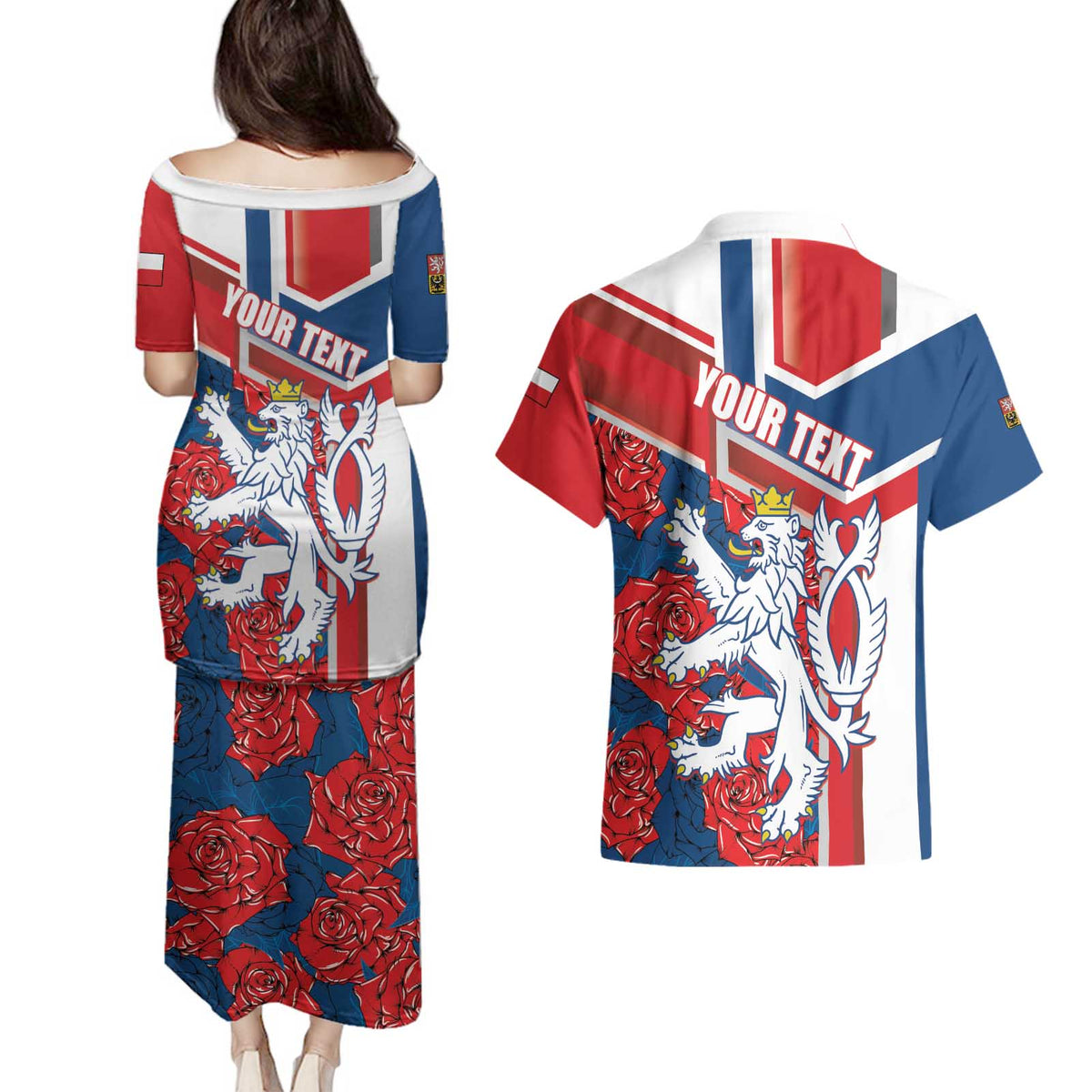 Personalised Czech Republic Couples Matching Puletasi and Hawaiian Shirt Czechia Lion Rosa Pattern - Wonder Print Shop