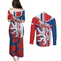 Personalised Czech Republic Couples Matching Puletasi and Long Sleeve Button Shirt Czechia Lion Rosa Pattern - Wonder Print Shop