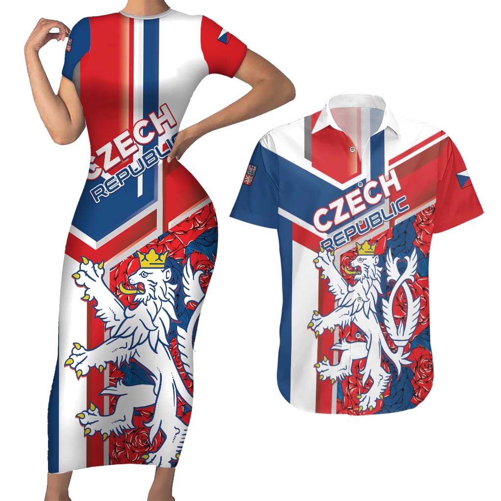 Personalised Czech Republic Couples Matching Short Sleeve Bodycon Dress and Hawaiian Shirt Czechia Lion Rosa Pattern - Wonder Print Shop