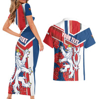 Personalised Czech Republic Couples Matching Short Sleeve Bodycon Dress and Hawaiian Shirt Czechia Lion Rosa Pattern - Wonder Print Shop