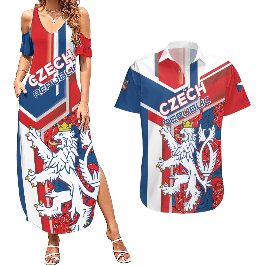Personalised Czech Republic Couples Matching Summer Maxi Dress and Hawaiian Shirt Czechia Lion Rosa Pattern - Wonder Print Shop