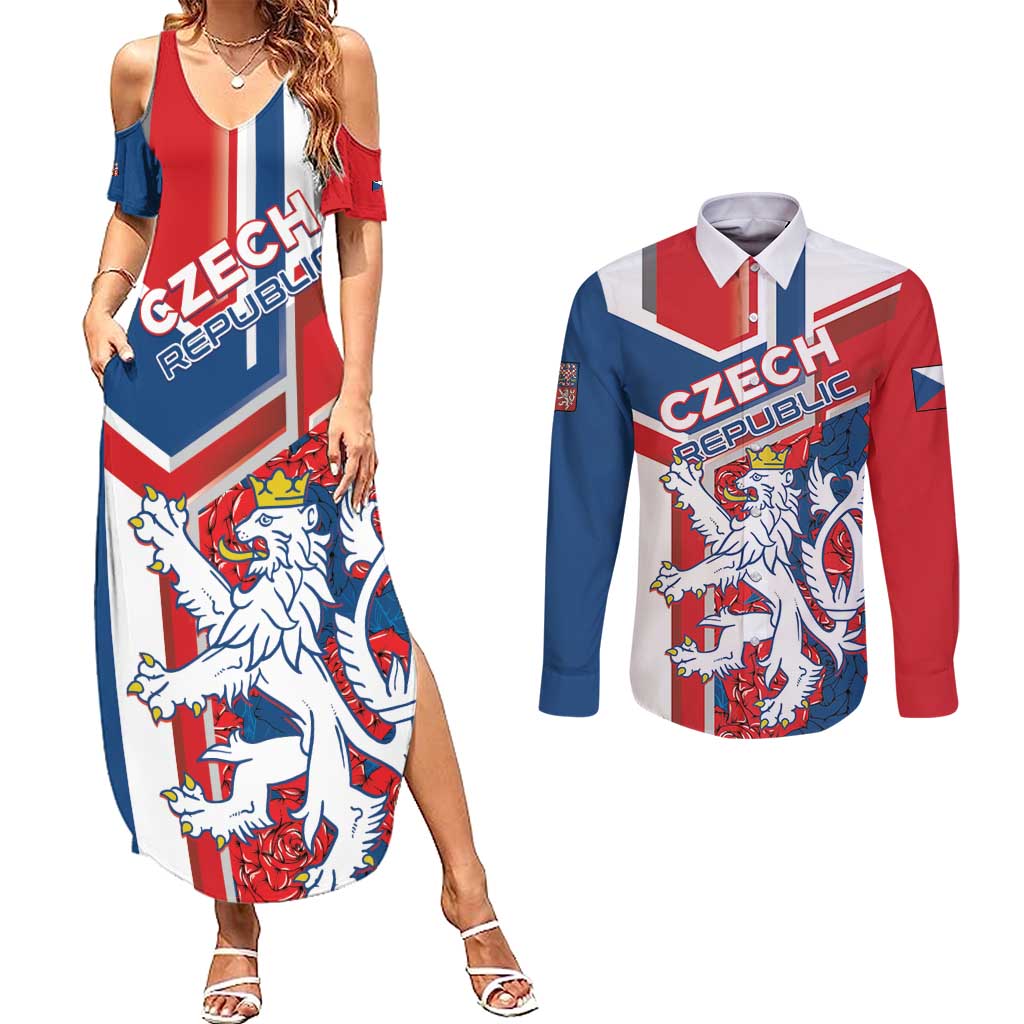 Personalised Czech Republic Couples Matching Summer Maxi Dress and Long Sleeve Button Shirt Czechia Lion Rosa Pattern - Wonder Print Shop