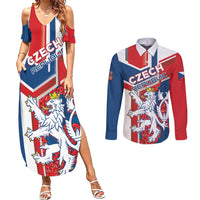 Personalised Czech Republic Couples Matching Summer Maxi Dress and Long Sleeve Button Shirt Czechia Lion Rosa Pattern - Wonder Print Shop